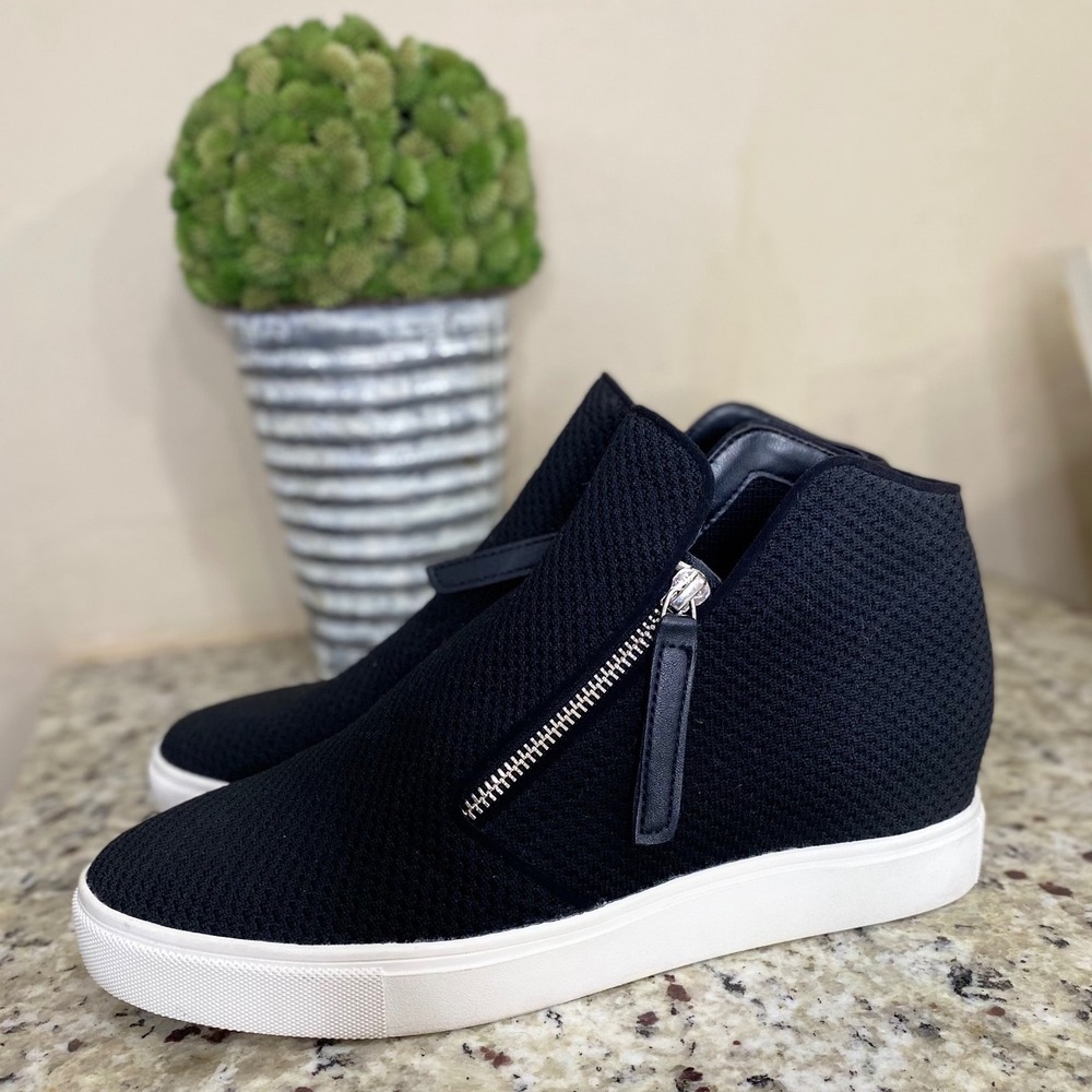 Steve Madden Black Knit Hidden Wedge High Top Sneakers Side Zip Womens - Picture 3 of 6